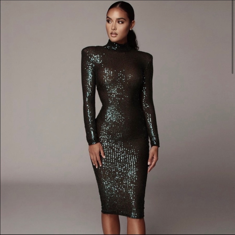 JLUXLABEL Green Galore Sequin High Neck Dress